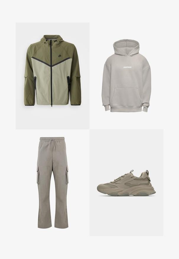 Meeste Nike jope oliivrohelises ja helesinisest, millel on tõmblukuga sulgur, kapuuts ja mustad aktsendid. Valmistatud kergest, tekstuurilisest kangast.; Valgekirju helehall üle suuruses kapuutsiga dressipluus esise tasku ja rinnal valge "DROPSIZE" trükiga.; Heledad hallgray värvi cargo püksid, millel on paelaga vöökoht, küljetaskud ja mugav lõige. Valmistatud siledast ja kergekaalulisest kangast, millel ei ole nähtavaid mustreid.; Beige tossud, mis on valmistatud võrgu- ja siledast materjalist, paks tald, silmapaistev pehmendus ning tekstuursed aktsendid külgedel ja kandadel.