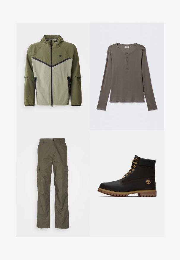 Meeste Nike jope oliivrohelises ja helesinisest, millel on tõmblukuga sulgur, kapuuts ja mustad aktsendid. Valmistatud kergest, tekstuurilisest kangast.; Pikkade varrukatega hall henley särk viie nupu ja ümmarguse kaelusega, eksponeeritud valgel taustal.; Oliivivärvi cargo püksid sirge lõikega, valmistatud tekstureeritud kangast. Omab suurte küljetaskute ja nööbiga kinnitust.; Must have kuld moodustatud mustast nahast pahkluu saapad kullavärvi silmadega, pruuni aktsentidega ja kummitald. Omab pehmendatud krae ja kõrvale reljeefset logo.
