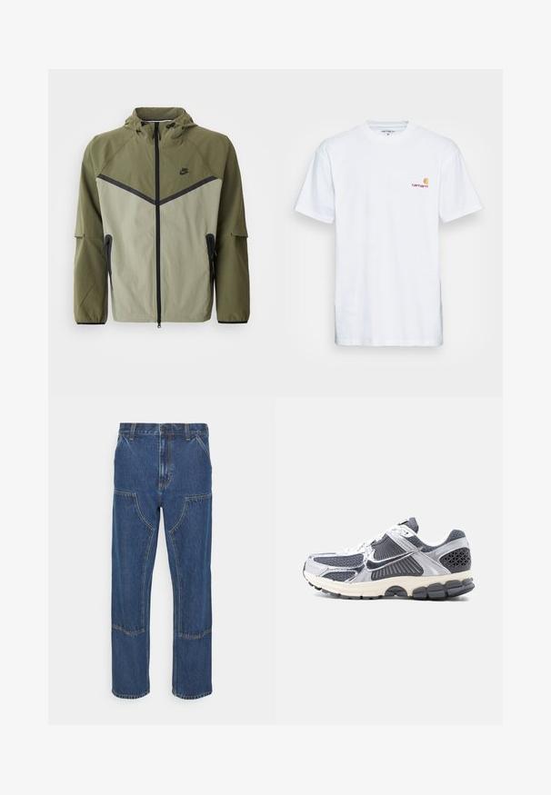 Meeste Nike jope oliivrohelises ja helesinisest, millel on tõmblukuga sulgur, kapuuts ja mustad aktsendid. Valmistatud kergest, tekstuurilisest kangast.; Valge puuvillane T-särk lühikeste varrukatega. Disainitud väikese oranži ja marooni logoga vasakul rinnal. Omab klassikalist ümarat kaelust.; Sinine denimist rõivaste paari sirge säärega teksad, millel on ees plaastritaskud ja kontrastsed õmblused. Kangas omab klassikalist tekstuuri ja viimistlust.; Meeste hall-valge spordijalats võrguliste paneelide, peegeldavate hõbedaste detailide, valgete paelte ja musta tekstureeritud tallaga, külgvaade.