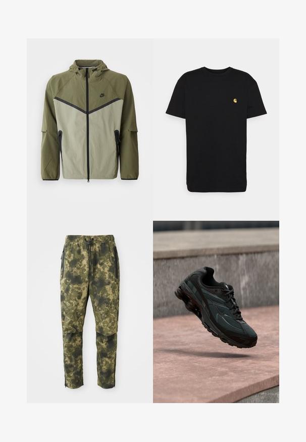Meeste Nike jope oliivrohelises ja helesinisest, millel on tõmblukuga sulgur, kapuuts ja mustad aktsendid. Valmistatud kergest, tekstuurilisest kangast.; Must must tee, lühikeste varrukatega, ümar kaelus ja vasakul rinnal väike kollane logo. Lihtne disain ja regulaarne istuvus.; Kamikatsaga rohelise varjundiga digitaalse mustriga. Omab elastset vööd, nööri ja külje vetthülgavaid taskut.; Must sportlik toss nähtava õhkpadi keskmise tallaga, hõljudes roosa kivipinna kohal, mille taustal on hall kivimüür.