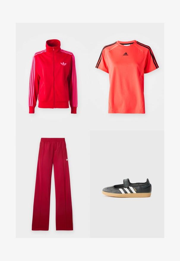 Rød atletisk jakke lavet af glat stof, med høj krave, fuld lynlås og tre pink striber ned ad hver ærme. Lille logo på brystet.; Kortærmet, lys koralfarvet sportstrøje lavet af letvægtsstof. Har sort Adidas-logo og tre sorte striber på hver skulder.; Røde trackbukser med brede ben, elastik i taljen, sidelommer med lynlås, hvide striber på siderne og lille hvidt logo på venstre låret.; Sort læder- og ruskinds sneakers med en Velcro-rem, der har tre hvide striber og en gummisål, mærket "SAMBA" på siden.