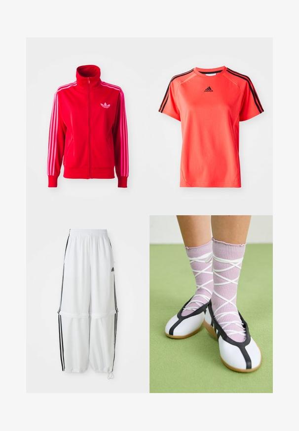 Rød atletisk jakke lavet af glat stof, med høj krave, fuld lynlås og tre pink striber ned ad hver ærme. Lille logo på brystet.; Kortærmet, lys koralfarvet sportstrøje lavet af letvægtsstof. Har sort Adidas-logo og tre sorte striber på hver skulder.; Hvide sportbukser med en afslappet pasform, elastisk talje og sorte sidelæg. Har lynlåslommer og elastiske afslutninger ved anklerne.; Ben iført ribbet lilla sokker med hvide krydsede stropper kombineret med hvide balletsko med sort kant på grøn gulv.