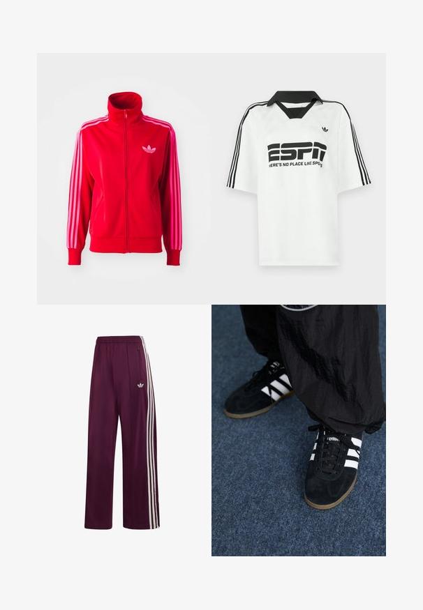 Veste de sport rouge en tissu lisse, avec un col montant, une fermeture éclair complète et trois bandes roses le long de chaque manche. Petit logo sur la poitrine.; Chemise blanche à manches courtes avec un col noir, trois bandes noires sur les manches, et un texte noir audacieux indiquant "ESPN" et "IL N'Y A PAS DE LIEU COMME LES SPOTS."; Pantalon de survêtement Adidas marron avec taille élastique, trois bandes blanches latérales, poche zippée et logo brodé sur la cuisse gauche.; Des chaussures de sport en suède noir avec trois rayures blanches et des lacets noirs. Un pantalon noir texturé est partiellement visible à côté des chaussures.