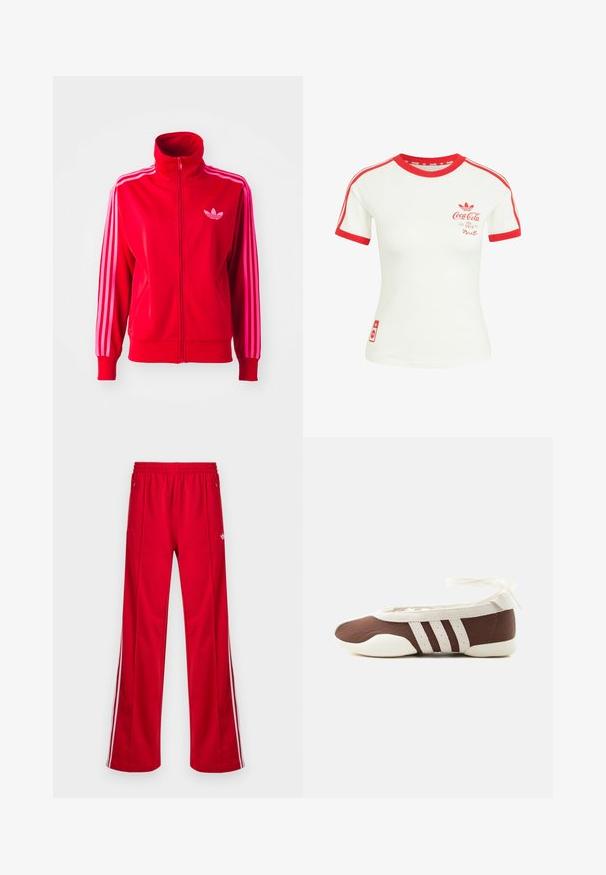 Rød atletisk jakke lavet af glat stof, med høj krave, fuld lynlås og tre pink striber ned ad hver ærme. Lille logo på brystet.; Hvid T-shirt med korte ærmer med rød krave, ærmekant, striber og Coca-Cola-logo på brystet og nederste side.; Røde athletic bukser med løs pasform, elastisk talje, to sidelommer og hvide sidestriber. Fremstillet af glat, syntetisk materiale.; Brun og hvid balletflad sko med tre hvide striber og ankelbånds sløjfe på en ensartet lys baggrund.