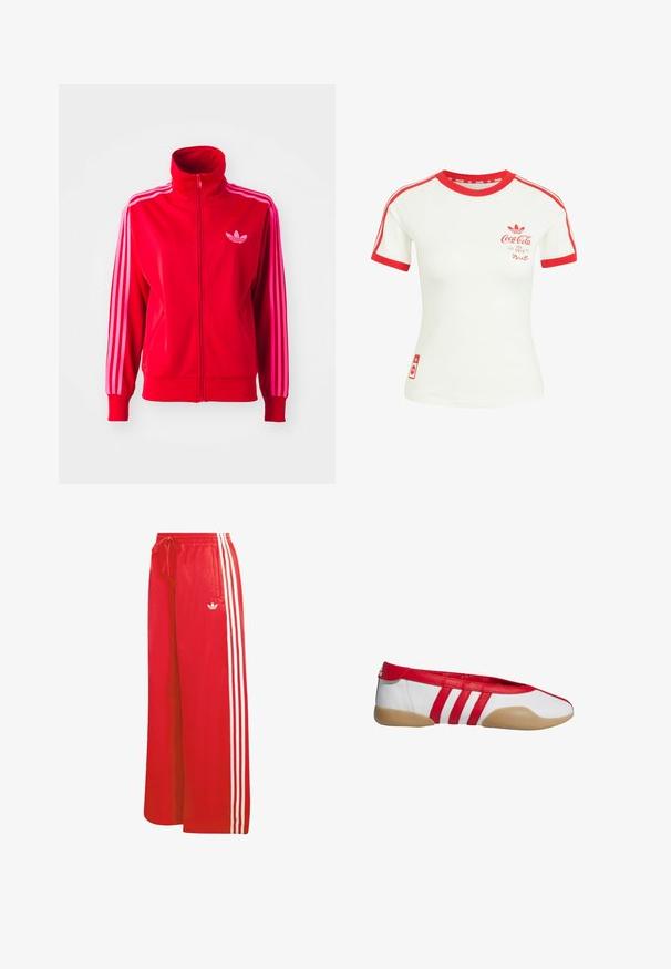 Veste de sport rouge en tissu lisse, avec un col montant, une fermeture éclair complète et trois bandes roses le long de chaque manche. Petit logo sur la poitrine.; T-shirt blanc à manches courtes avec col rouge, bordure des manches, rayures et logo Coca-Cola sur la poitrine et le bas.; Pantalon de sport rouge en matériau léger, avec une coupe à jambes larges, une taille élastique, un cordon de serrage et trois bandes blanches de chaque côté.; Chaussure plate rouge et blanche avec un bout arrondi, fabriquée en matériau synthétique lisse. Dotée de trois bandes rouges et d'une semelle en caoutchouc couleur tan.