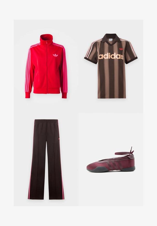 Rød atletisk jakke lavet af glat stof, med høj krave, fuld lynlås og tre pink striber ned ad hver ærme. Lille logo på brystet.; Brunstribet Adidas polo-shirt med V-hals, bordeaux krave og rødt logo. Har hvide og røde skulderstriber samt korte ærmer.; Sorte atletikbukser med lyserøde sidelister, elastisk talje, lynlåslommer og Adidas-logo på venstre lår.; Burgunderfarvet balletsko med sort sål, elastiske ankelstropper bundet i sløjfe og syninger på siderne, vist fra ydersiden.