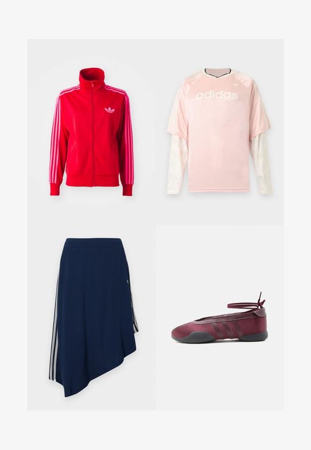 Rød atletisk jakke lavet af glat stof, med høj krave, fuld lynlås og tre pink striber ned ad hver ærme. Lille logo på brystet.; Lyserød Adidas langærmet trøje med hvide mønstrede mesh-ærmer og Adidas-logo på brystet mod en grå baggrund.; Marineblå asymmetrisk nederdel med hvide lodrette striber på siderne og et struktureret stofmønster.; Burgunderfarvet balletsko med sort sål, elastiske ankelstropper bundet i sløjfe og syninger på siderne, vist fra ydersiden.