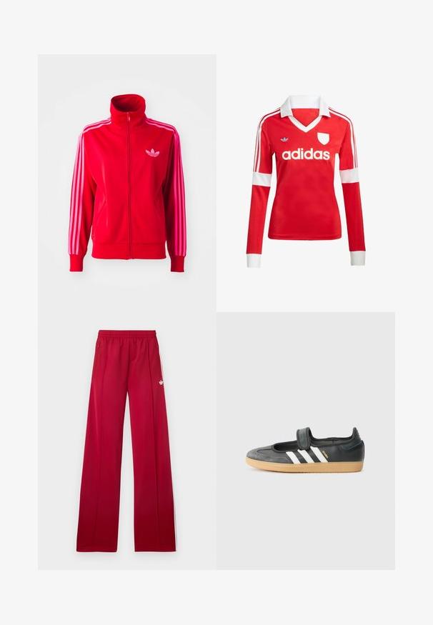 Rød atletisk jakke lavet af glat stof, med høj krave, fuld lynlås og tre pink striber ned ad hver ærme. Lille logo på brystet.; Rød langærmet fodboldtrøje med hvid krave og manchetter. Har tre hvide striber på skuldrene og "adidas" logoet fremtrædende vist.; Røde trackbukser med brede ben, elastik i taljen, sidelommer med lynlås, hvide striber på siderne og lille hvidt logo på venstre låret.; Sort læder- og ruskinds sneakers med en Velcro-rem, der har tre hvide striber og en gummisål, mærket "SAMBA" på siden.