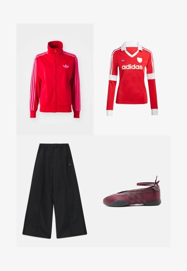 Rød atletisk jakke lavet af glat stof, med høj krave, fuld lynlås og tre pink striber ned ad hver ærme. Lille logo på brystet.; Rød langærmet fodboldtrøje med hvid krave og manchetter. Har tre hvide striber på skuldrene og "adidas" logoet fremtrædende vist.; Sorte bukser med vidde i benene, sidelommer, bæltestropper, forreste folder og en lille Adidas-logo på højre side.; Burgunderfarvet balletsko med sort sål, elastiske ankelstropper bundet i sløjfe og syninger på siderne, vist fra ydersiden.