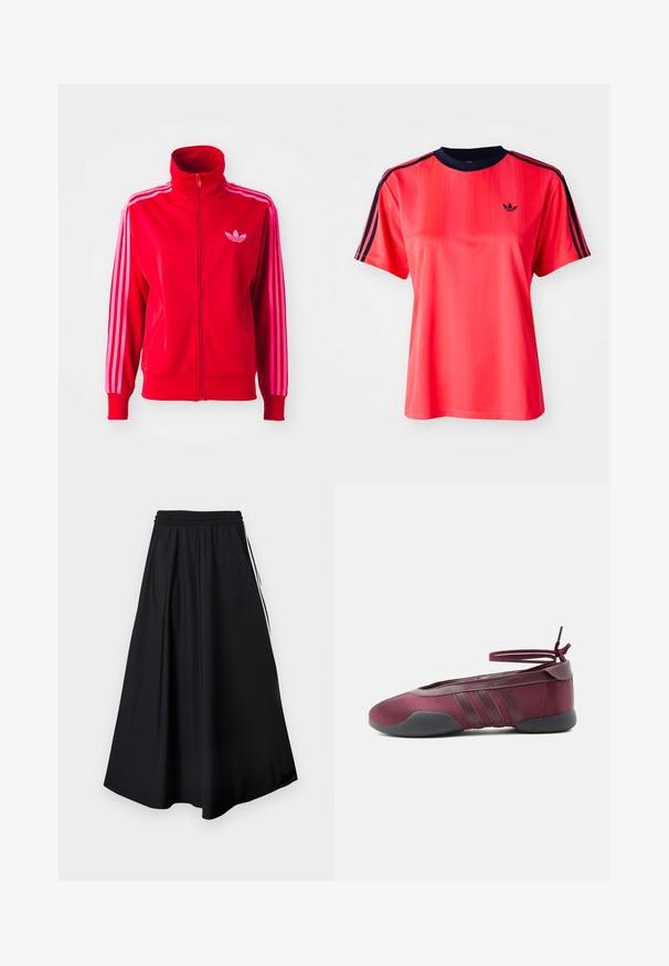 Rød atletisk jakke lavet af glat stof, med høj krave, fuld lynlås og tre pink striber ned ad hver ærme. Lille logo på brystet.; Rød sports t-shirt med korte ærmer, der har lodrette striber, en marineblå rund hals og et lille sort logo på forsiden.; Sorte bukser med vidde i benene, elastisk talje og hvide sidestriber, vist mod en simpel hvid baggrund.; Burgunderfarvet balletsko med sort sål, elastiske ankelstropper bundet i sløjfe og syninger på siderne, vist fra ydersiden.
