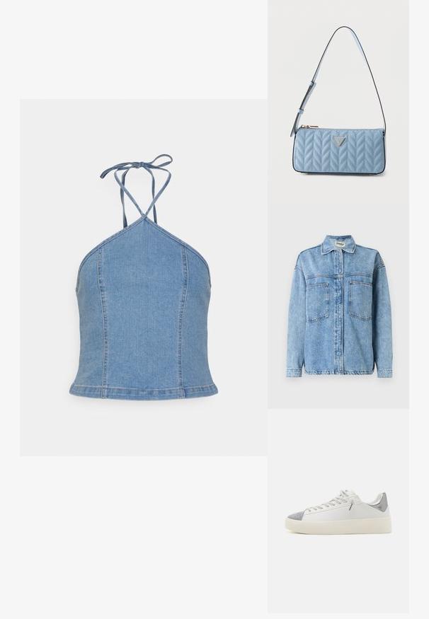 Chaqueta de mezclilla azul claro con mangas largas, cierre de botones, dos bolsillos delanteros y cuello clásico. Presenta detalles de costuras visibles.; Noisy May Petite NMNICKY HALTERNECK PETITE - Top - light blue denim; Zapatilla blanca con punta de glitter plateado, acento plateado en el talón, diseño con cordones y suela de plataforma texturizada.; Bolso de hombro acolchado azul claro con correa ajustable y cierre de cremallera, con una pequeña placa de logo metálico triangular en la parte delantera.