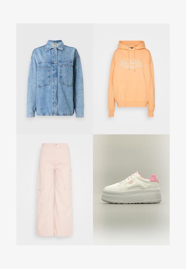 Veste en denim bleu clair à manches longues, fermeture par boutons, deux poches avant et col classique. Détails de couture visibles.; Hoodie de couleur pêche en tissu doux, avec une poche avant, un capuchon à cordon de serrage et un grand logo blanc "Von Dutch Originals".; Weekday SIENNA TROUSER - Pantalon cargo - pink dusty light; Baskets à plateforme blanches avec détails roses, semelle épaisse texturée et lacets roses vues de côté sur un fond neutre.