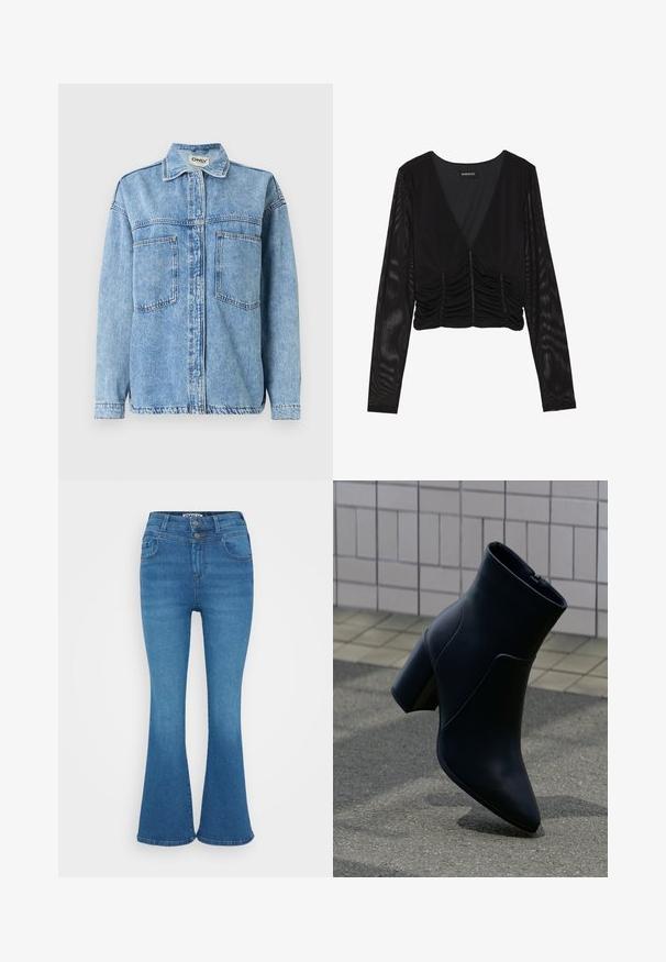 Veste en denim bleu clair à manches longues, fermeture par boutons, deux poches avant et col classique. Détails de couture visibles.; Haut noir à manches longues en tissu extensible ; présente un décolleté en V, un panneau avant froncé et des manches transparentes à la texture lisse.; Jean flair en denim bleu avec taille haute, fermeture à deux boutons et décoloration subtile. Design classique à cinq poches, texture lisse.; Bottine en cuir noir avec talon bloc, bout pointu et fermeture éclair latérale, posée sur un trottoir rugueux près d'un mur carrelé.