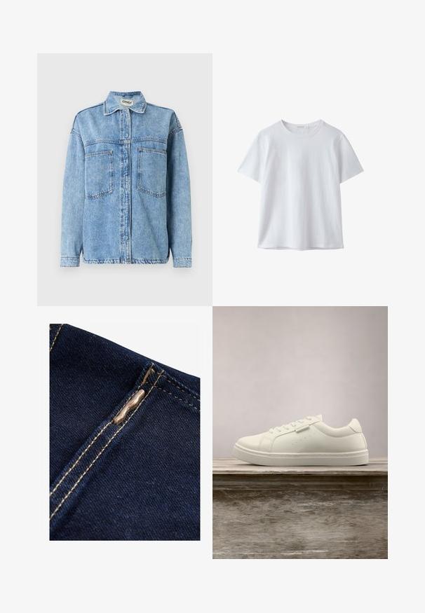 Lichtblauwe spijkerjack met lange mouwen, een knoopsluiting, twee voorzakken en een klassieke kraag. Voorzien van zichtbare stiksel details.; Effen wit T-shirt met korte mouwen en ronde hals, gemaakt van zachte stof, weergegeven op een witte achtergrond.; Next REGULAR FIT - WIDE LEG - Flared Jeans - rinse blue; Witte leren sneaker met veters die boven een houten bank zweeft, met groen lang gras dat op de achtergrond vervaagd is in de buitenlucht.