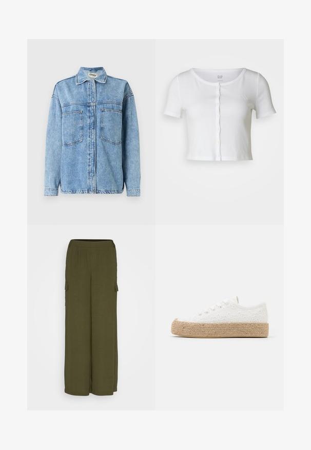 Chaqueta de mezclilla azul claro con mangas largas, cierre de botones, dos bolsillos delanteros y cuello clásico. Presenta detalles de costuras visibles.; GAP CROPPED CREW - Camiseta estampada - white; JDY JDYDIVYA PANT - Pantalones cargo - forest night; Zapatilla de lona blanca con diseño texturizado en los ojales, puntera redondeada y suela de plataforma de yute trenzado. Presenta cordones planos y un tobillo bajo.
