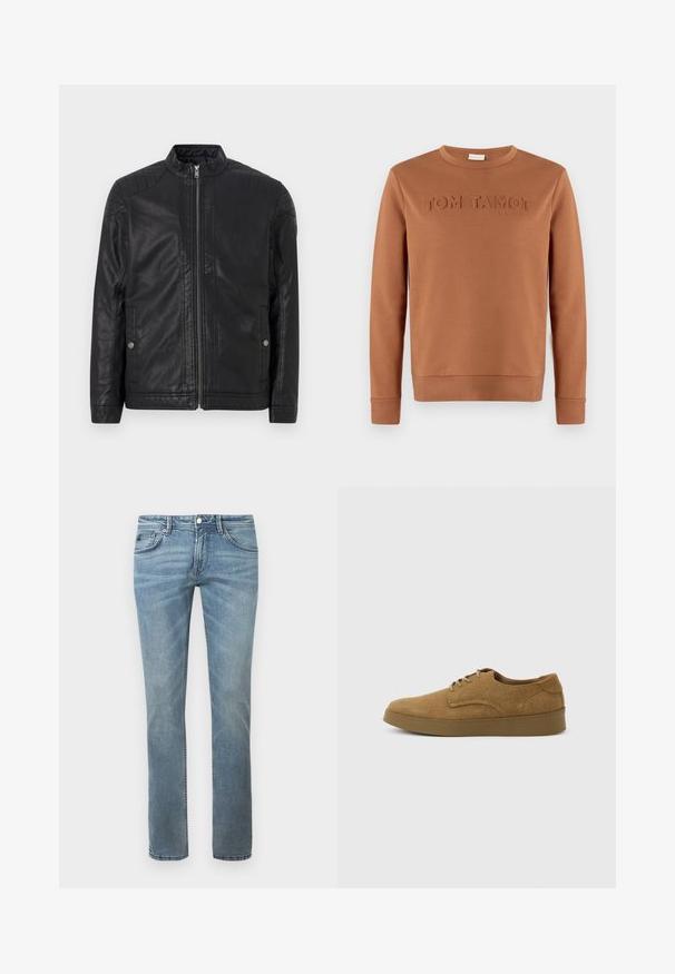 Veste en cuir noir avec un col haut, zips verticaux, accents matelassés aux épaules et poches latérales. Texture lisse et mate.; Sweat-shirt marron à manches longues et col rond avec le texte en relief "TOM TAILOR 1962" sur la poitrine, présenté sur un fond uni.; Jean en denimb de couleur bleu clair avec une coupe droite. Comprend des poches standard, des passants de ceinture et un léger effet dégradé.; Chaussure décontractée à lacets en daim marron avec semelle en caoutchouc plate, vue de côté sur un fond clair uni.