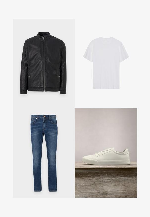 Chaqueta de cuero negra con cuello alto, cremalleras verticales, acentos acolchados en los hombros y bolsillos laterales. Textura suave y mate.; Camiseta de algodón blanca con mangas cortas, cuello redondo y una textura suave. Presenta una marca mínima en el escote.; Jeans de mezclilla azul oscuro con corte recto, cinco bolsillos, un ligero desgaste, costuras en contraste y cierre de botón en la cintura.; Zapatilla blanca con cordones flotando sobre un banco de madera con follaje verde al fondo, mostrando el diseño y la textura del zapato.