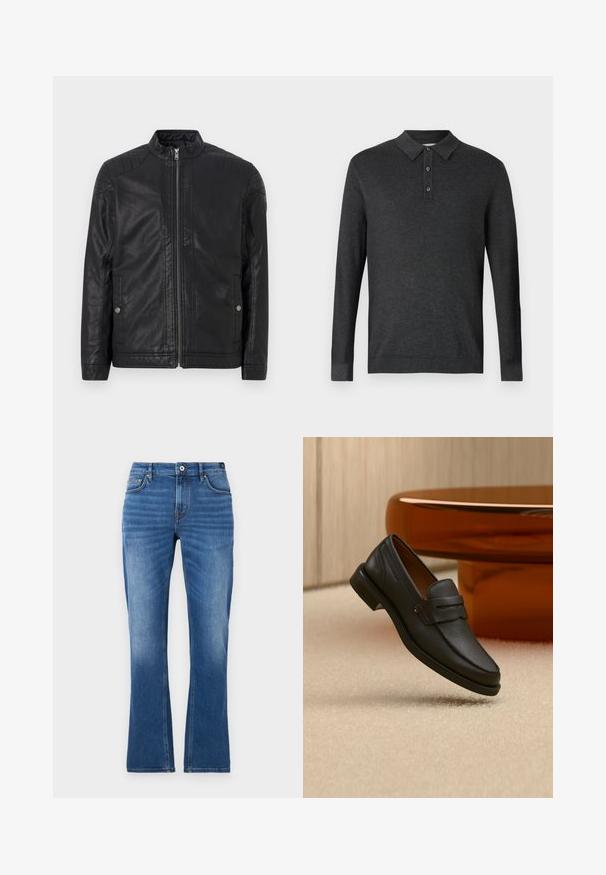 Veste en cuir noir avec un col haut, zips verticaux, accents matelassés aux épaules et poches latérales. Texture lisse et mate.; TOM TAILOR COSY - Polo - black grey; Jeans en denim évasés de couleur bleu moyen. Comprend un design à cinq poches, des accents brodés, une fermeture à bouton et une texture légèrement décolorée sur les jambes.; Mocassin homme en cuir noir avec une bande sur le dessus, présenté sur un tapis beige près d'une table ronde moderne marron.