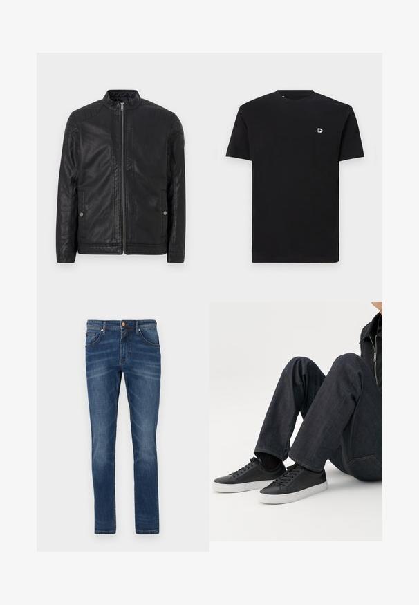 Sort læderjakke med høj krave, lodrette lynlåse, kviltede skulderdetaljer og sidelommer. Glat, mat tekstur.; Sort bomulds- T-shirt med korte ærmer, rund halsudskæring og et lille hvidt logo på venstre brystområde. Glat tekstur, enkelt design.; Mørkeblå denim jeans med lige ben, fem lommer, subtile blegetoner, kontrastsyet og knaplukning i taljen.; Person siddende med bøjede ben, iført mørkeblå jeans og sorte lave sneakers med hvide såler på en hvid baggrund.