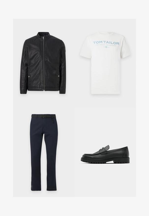 Zwarte leren jas met een hoge kraag, verticale ritsen, gestikte schouderaccenten en zijzakken. Gladde, matte textuur.; Wit katoenen t-shirt met een lichtblauwe opdruk met de tekst "TOM TAILOR," "THE CASUAL DEPARTMENT" en "1962." Klassieke ronde hals en korte mouwen.; Marineblauwe broek met een rechte snit, gemaakt van duurzaam materiaal. Heeft een zwarte riem en een eenvoudig ontwerp zonder patronen.; Zwarte leren instappers met een ronde neus, voorzien van een gestikt ontwerp, een lage platformzool en een gestructureerde, grof rubberen buitenzool.