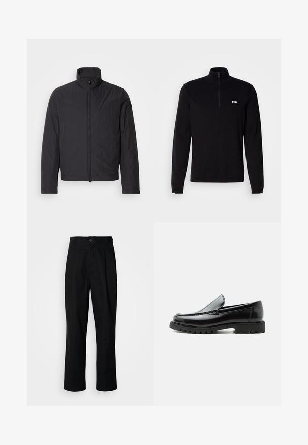 Schwarze, leichte Jacke mit hohem Kragen, Frontreißverschluss und langen Ärmeln. Hergestellt aus gewelltem Stoff, hat sie ein minimalistisches Design.; Schwarzer Langarm-Pullover mit halbem Reißverschluss am Kragen, mit Rippstruktur und weißem "BOSS"-Logo auf der Brust. Weiche Stoffverarbeitung.; Schwarze gerade geschnittene Hosen mit einem Knopfverschluss, Gürtelschlaufen und Vorderfalten, vor einem schlichten weißen Hintergrund präsentiert.; Schwarzer Lederloafer mit grober Gummisohle, genähter Oberseite und geprägtem Markennamen an der Ferse, seitlich auf weißem Hintergrund gezeigt.