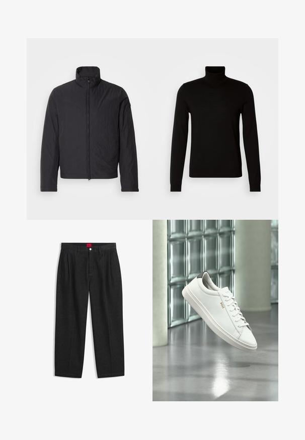 Schwarze, leichte Jacke mit hohem Kragen, Frontreißverschluss und langen Ärmeln. Hergestellt aus gewelltem Stoff, hat sie ein minimalistisches Design.; Schwarzer Rollkragenpullover aus feiner Strickware, mit langen Ärmeln und taillierter Silhouette. Glatte Textur mit gerippten Bündchen.; Schwarze Hose mit hoher Taille, vorderen Falten, Gürtelschlaufen, Knopf- und Reißverschluss sowie einem roten Etikett innen am Bund.; Weißer Leder-Low-Top-Sneaker mit Schnürsenkeln, schwarzer Fersenschlaufe und „BOSS“-Logo, der drinnen nahe einer Glassteinwand und einem polierten Boden schwebt.