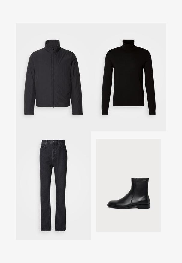 Schwarze, leichte Jacke mit hohem Kragen, Frontreißverschluss und langen Ärmeln. Hergestellt aus gewelltem Stoff, hat sie ein minimalistisches Design.; Schwarzer Rollkragenpullover aus feiner Strickware, mit langen Ärmeln und taillierter Silhouette. Glatte Textur mit gerippten Bündchen.; Hochtaillierte schwarze Jeans aus Denim mit Knopf- und Reißverschluss, Vorder- und Hintertaschen sowie einer geraden Passform.; Schwarzer, glatter Lederknöchelstiefel mit niedrigem Absatz und seitlichem Reißverschluss, mit Hugo nahe dem oberen Rand beschriftet.