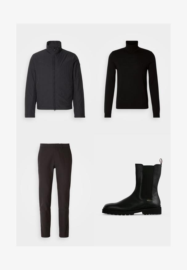Sort letvægtsjakke med høj krave, frontlynlås og lange ærmer. Lavet af krøllet stof, har den et minimalistisk design.; Sort turtleneck sweater lavet af et fint strikket stof, der har lange ærmer og en tætsiddende silhuet. Glat tekstur med ribbede manchetter.; Sorte bukser lavet af glat stof, med lige snit, standard linning med knaplukning og uden synlige lommer eller mønstre.; Sort læderankelstøvle med elastisk sidepanel, chunky sål og trækflig bagpå, med et lille guld "Hugo" logo nær hælen.