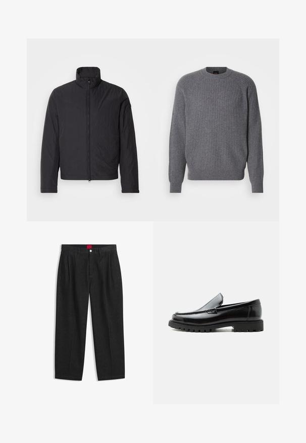 Sort letvægtsjakke med høj krave, frontlynlås og lange ærmer. Lavet af krøllet stof, har den et minimalistisk design.; Grå ribbet strikket langærmet sweater med rund halsudskæring og ribbede manchetter, vist på en enkel hvid baggrund.; Sorte bukser med høj talje med forreste læg, bæltestropper, knap og lynlås lukning samt en rød label indeni linningen.; Sort læderloafer med chunky gummisål, syet overdel og præget mærkenavn på hælen, vist i sideprofil på hvid baggrund.