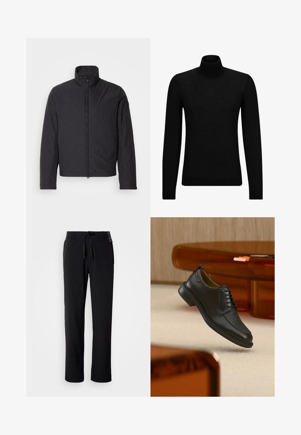 Mustaga kerge jope kõrge kaelusega, ees lukuga ja pikkade varrukatega. Valmistatud kortsulistest kangast, sellel on minimalistik disain.; Musthave muströid ja pehmest materjalist must turtleneck, millel on pikad varrukad ja tihe istuvus. Ribaga ääris allservas ja vöökohal. Lihtne disain.; Mustad, kergekaalulised püksid sirge säärega. Omavad nööriga vöökorda ja siledat tekstuuri. Sobivad vabaajarelvandumiseks.; Mustast nahast pitsidega kleitking tekstureeritud esiosaga, hõljumas beeži vaiba kohal moodsas toas, millel on merevaigutoonilised mööbliesemed.