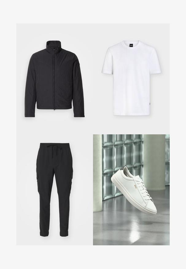Chaqueta ligera negra con un alto cuello, cremallera frontal y mangas largas. Fabricada en tejido arrugado, tiene un diseño minimalista.; Camiseta blanca lisa de manga corta y cuello redondo con una pequeña etiqueta negra de la marca en el cuello y una textura sutil en la tela.; Pantalones cargo negros de tela ligera. Cintura elástica con cordón. Diseño de pierna ajustada y bolsillos laterales. Textura suave.; Zapatilla deportiva de piel blanca de corte bajo con cordones, lengüeta negra en el talón y logo "BOSS", flotando en interiores cerca de una pared de bloques de vidrio y suelo pulido.