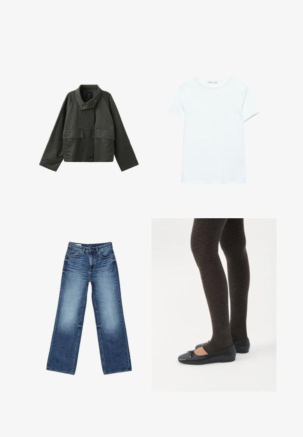 Veste courte vert foncé à larges manches, col montant, boutons-pression à l'avant et deux grandes poches à rabat sur le devant.; T-shirt blanc uni en coton à manches courtes, col rond, présenté à plat sur un fond blanc, sans motifs ni logos visibles.; Jean denim bleu à jambes larges avec poches avant et poche monnaie, fermeture à boutons, et lavage délavé sur les cuisses et les genoux.; Jambes portant des leggings côtelés foncés associés à des ballerines noires avec de petits détails en nœud sur fond blanc.