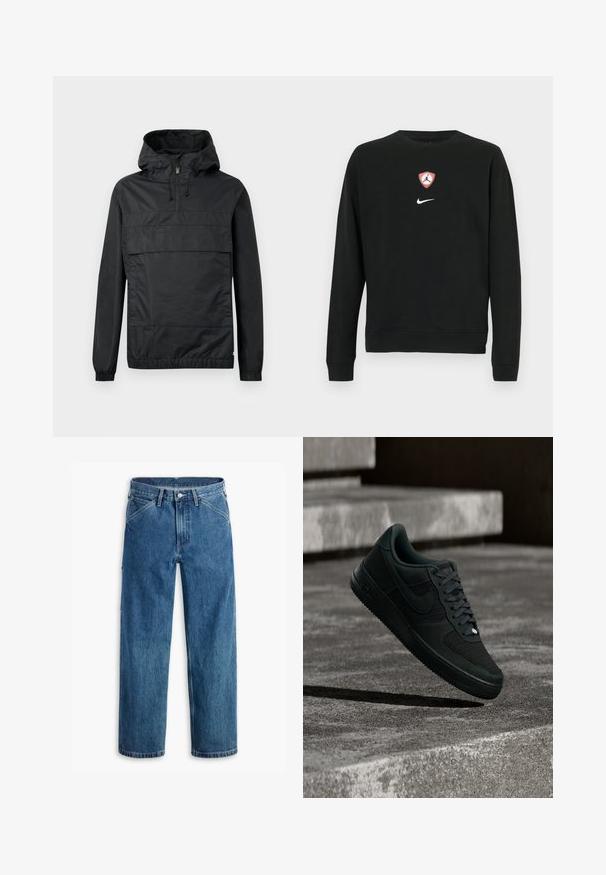 Schwarze Pulloverjacke mit Kapuze, elastischen Bündchen, einer Vordertasche und einem halben Reißverschluss. Aus leichtem, wasserabweisendem Material gefertigt.; Schwarzer Pullover aus Baumwollmischung, mit einem zentralen roten und weißen Jordan-Logo-Schild und einem weißen Nike-Logo darunter. Rundhalsausschnitt und lange Ärmel.; Blaue Jeans mit geradem Bein, Vordertaschen, Gürtelschlaufen, Metallknopf und Reißverschluss auf weißem Hintergrund.; Schwarzer Nike Air Force 1 Sneaker mit Mesh- und Lederdetails, der bei schwacher Beleuchtung über strukturierte Betontreppen schwebt.