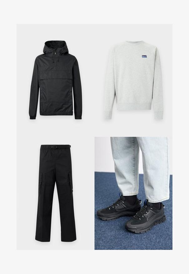 Schwarze Pulloverjacke mit Kapuze, elastischen Bündchen, einer Vordertasche und einem halben Reißverschluss. Aus leichtem, wasserabweisendem Material gefertigt.; Hellgraues Sweatshirt mit Rundhalsausschnitt und langen Ärmeln sowie einem kleinen blauen rechteckigen Logopatch auf der Brust.; Schwarze Cargo-Hosen mit weitem Schnitt, verstellbarem Bund mit Schnalle und zwei Seitentaschen zur Aufbewahrung. Leichtes Material.; Schwarze Sportschuhe aus strukturiertem Stoff mit Gummisohlen, ausgestattet mit elastischen Schnürsenkeln und einem blauen Akzent an der Ferse. Getragen mit hellen Jeans.