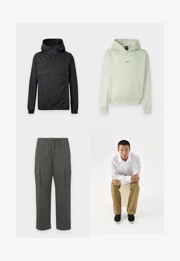 Schwarze Pulloverjacke mit Kapuze, elastischen Bündchen, einer Vordertasche und einem halben Reißverschluss. Aus leichtem, wasserabweisendem Material gefertigt.; Hellgrüner Hoodie mit einer Fronttasche, Kapuze mit Kordelzug und kleinem Logo auf der Brust. Weicher Stoff, gerippte Bündchen und Saum. Einfaches Design.; Dunkelgraue Cargo-Hosen mit elastischem Bund, Kordelzug, seitlichen Klappentaschen und geradem Beinschnitt.; Junger Mann in weiß gestreiftem Hemd und khakifarbener Hose sitzt nach vorne gelehnt auf einem Hocker mit verschränkten Armen und schaut direkt geradeaus vor weißem Hintergrund.
