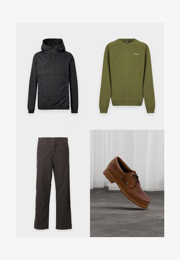 Sort pullover-jakke med hætte, elastiske manchetter, en frontlomme og halv-lynlås. Lavet af letvægts, vandafvisende materiale.; Olivengrøn crewneck-trøje med lange ærmer, ribbede manchetter og kant samt lille hvidt "Dickies"-logo på venstre bryst.; Mørkebrune kordbukser med lige ben, knap- og lynlåslukning, bæltestropper og forlommer på en ensfarvet baggrund.; Brun læder bådsko med sorte snørebånd, beige syninger og en robust sål, hængende over en grå betongulv.