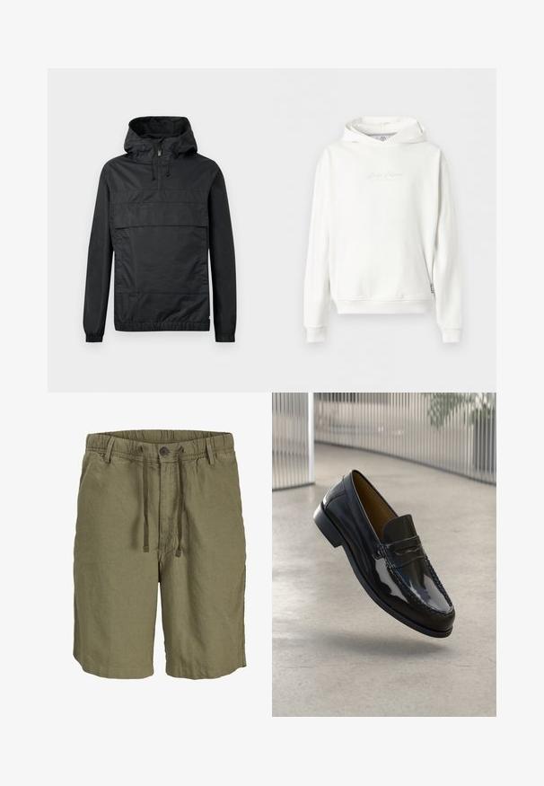 Schwarze Pulloverjacke mit Kapuze, elastischen Bündchen, einer Vordertasche und einem halben Reißverschluss. Aus leichtem, wasserabweisendem Material gefertigt.; Weißer Kapuzenpullover mit Kängurutasche vorne und dezentem kursivem Text, zentriert auf der Brust.; Olivegrüne Freizeitshorts mit elastischem Bund, Knopfverschluss, vorderen Kordelzügen und Gürtelschlaufen.; Schwarze Lacklederloafers mit einer gestickten Akzentuierung, runder Zehenpartie, niedrigem Absatz und glatter Oberfläche, vor einem neutralen Hintergrund präsentiert.