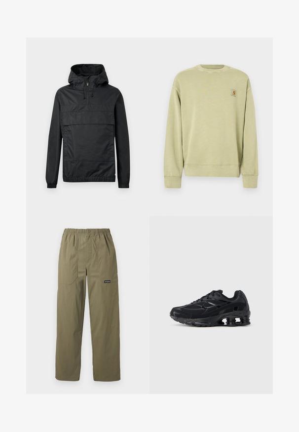 Schwarze Pulloverjacke mit Kapuze, elastischen Bündchen, einer Vordertasche und einem halben Reißverschluss. Aus leichtem, wasserabweisendem Material gefertigt.; Hellgrüner Pullover mit klassischem Rundhalsausschnitt, gerippten Bündchen und einem kleinen rechteckigen Logo-Patch auf der linken Brust. Weicher, strukturierter Stoff.; Olivgrüne, gerade geschnittene Hose mit elastischem Bund, vorderen aufgesetzten Taschen, Knopfverschluss und Columbia-Logo auf der rechten Tasche.; Schwarzer Sportschuh mit Obermaterial aus Mesh, gepolstertem Kragen und hervorgehobener Dämpfungstechnologie an der Ferse. Verfügt über strukturierte Akzente und Schnürsenkel.