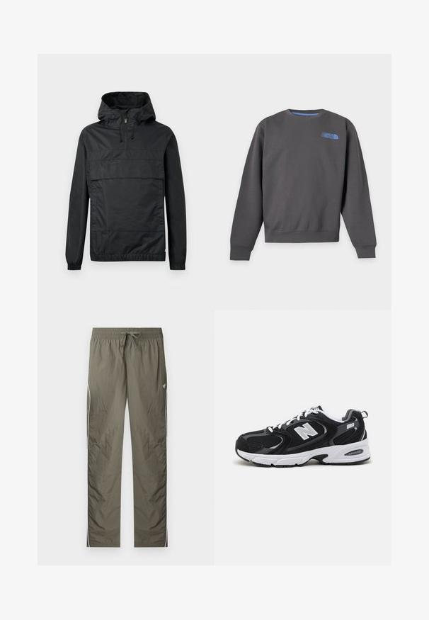Schwarze Pulloverjacke mit Kapuze, elastischen Bündchen, einer Vordertasche und einem halben Reißverschluss. Aus leichtem, wasserabweisendem Material gefertigt.; Dunkelgraues Sweatshirt mit Rundhalsausschnitt, langen Ärmeln und kleinem blauem The North Face-Logo auf der oberen linken Brust.; Leichte olivgrüne Trainingshose mit elastischem Bund, Kordelzug, weißen Seitenstreifen und kleinem Schmetterlingslogo am rechten Oberschenkel.; Schwarze und graue Sportschuhe mit Obermaterial aus Mesh und Wildleder, ausgestattet mit einer weißen Zwischensohle, Schnürsenkeln und einem markanten "N"-Logo an der Seite.
