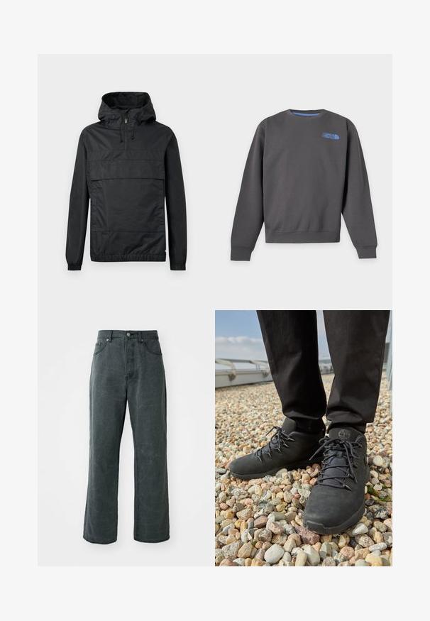 Chaqueta negra de moda con capucha, puños elásticos, un bolsillo frontal y cierre de media cremallera. Fabricada con material ligero y resistente al agua.; Sudadera gris oscuro con cuello redondo, mangas largas y un pequeño logo azul de The North Face en la parte superior izquierda del pecho.; Vaqueros de patas anchas en gris oscuro, hechos de denim, con una cintura alta, diseño de cinco bolsillos y una sutil textura desgastada.; Zapatos de senderismo negros con cuero texturizado, cordones resistentes y un collarín acolchado en el tobillo, llevados con pantalones oscuros sobre una superficie de gravilla.