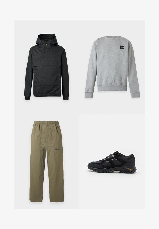 Zwart pullover jack met capuchon, elastische manchetten, een voorzak en een halve rits. Gemaakt van lichtgewicht, waterafstotend materiaal.; Effen lichtgrijze sweater met ronde hals, lange mouwen en een klein zwart The North Face-logo patch op de bovenste linkerkant van de borst.; Olijfgroene broek met rechte pijpen, elastische tailleband, voorzakken met opgestikte zakken, knoopsluiting en Columbia-logo op de rechterzak.; Zwarte buitenschoen van suede en mesh met een robuuste zool. Voorzien van grijze accenten en Vibram-logo op de zijkant. Vetersluiting.