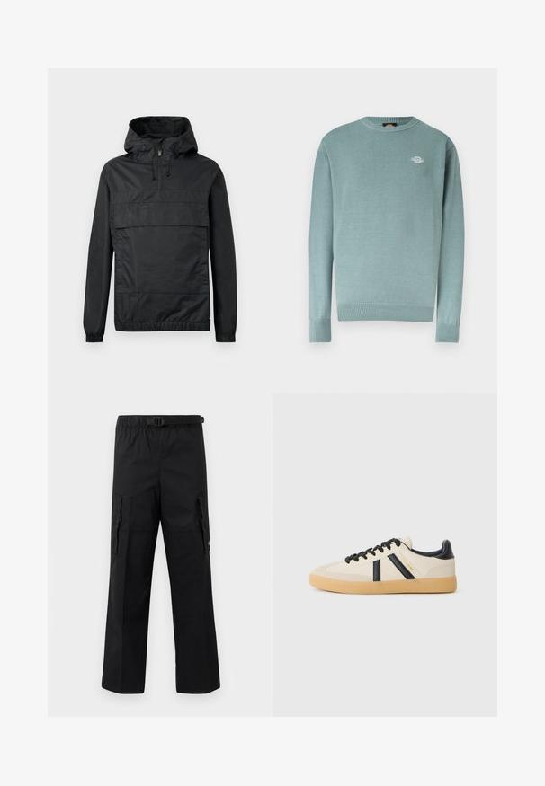 Sort pullover-jakke med hætte, elastiske manchetter, en frontlomme og halv-lynlås. Lavet af letvægts, vandafvisende materiale.; Lyseblå crewneck-trøje med ribstrikkede manchetter og kant, med en lille hvid logo på venstre bryst.; Sorte cargo-bukser med bred ben-design, justerbar talje med spænde og to sidelommer til opbevaring. Letvægtsstof.; Casual sneakers i creme med sorte striber, med en tekstureret overdel og sål i gummigummi. Snørebåndene er sorte. Diskret logo på siden.
