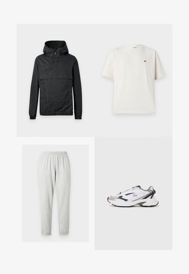 Sort pullover-jakke med hætte, elastiske manchetter, en frontlomme og halv-lynlås. Lavet af letvægts, vandafvisende materiale.; Hvid T-shirt med korte ærmer og rund hals med lille rødt halvcirkelformet logo på venstre bryst, vist på lysegrå baggrund.; Lysegrå, lange sweatpants med elastisk taljebånd og ankelmanchetter, vist på en ensfarvet lys baggrund.; Hvide sportsko med sølv- og sorte detaljer, mesh-overdel, struktureret sål og et strømlinet design med et logo på siden.