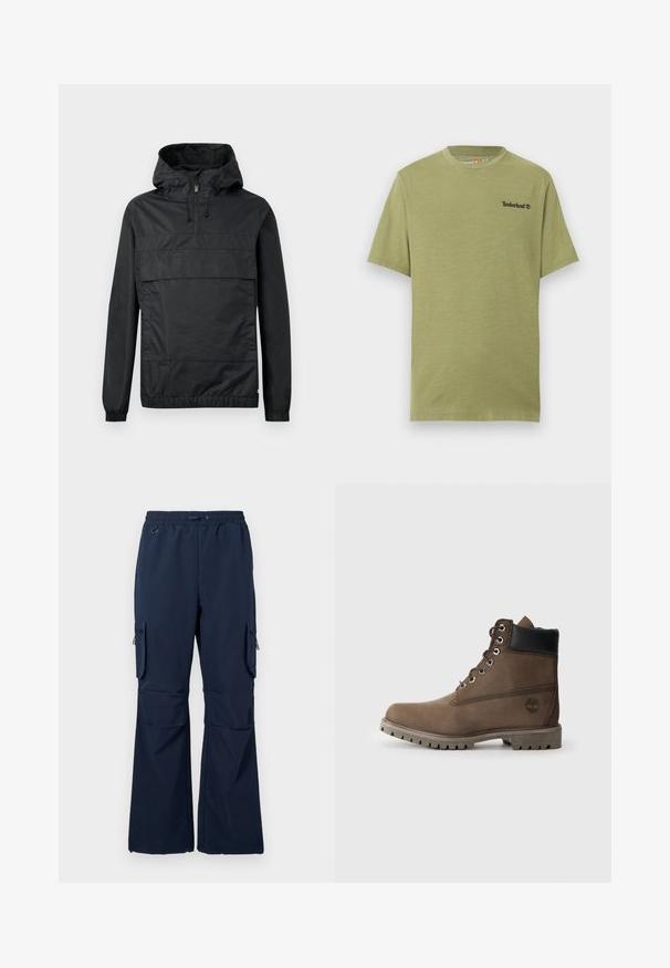 Schwarze Pulloverjacke mit Kapuze, elastischen Bündchen, einer Vordertasche und einem halben Reißverschluss. Aus leichtem, wasserabweisendem Material gefertigt.; Herren-T-Shirt in Olivgrün mit kurzen Ärmeln und rundem Ausschnitt, mit kleinem schwarzem Timberland-Logo auf der linken Brust.; Marine Cargo-Hosen aus leichtem Stoff mit einem Kordelzugbund, zwei seitlichen Taschen und mit Reißverschluss versehenen Cargo-Taschen an beiden Beinen.; Braune Leder-Stiefelette mit schwarzem Kragen, Metallösen und robustem grauen Sohlen. Verfügt über ein Logo an der Seite und genähten Details.
