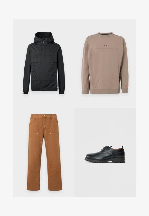 Zwart pullover jack met capuchon, elastische manchetten, een voorzak en een halve rits. Gemaakt van lichtgewicht, waterafstotend materiaal.; Taupekleurige trui met lange mouwen, ronde hals, met een klein zwart ovaal logo op de borst en een rood label aan de linker manchet.; Bruine rechte broek met steekzakken aan de voorkant, klinknageldetails, riemlussen en een knoopsluiting in de taille.; Zwarte leren derby schoenen met een gladde textuur, ronde neus, vetersluiting en een dikke, robuuste rubberen zool.