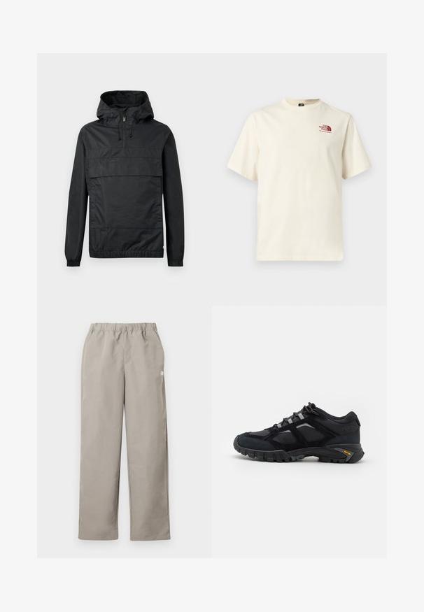 Schwarze Pulloverjacke mit Kapuze, elastischen Bündchen, einer Vordertasche und einem halben Reißverschluss. Aus leichtem, wasserabweisendem Material gefertigt.; Kurzärmeliges off-white T-Shirt mit bordeauxrotem "The North Face"-Logo auf der linken Brust, Rundhalsausschnitt, schlichtes Design.; Beige gerade geschnittene Hose mit elastischem Bund und kleinem weißem Logo an der rechten Seitennaht.; Schwarzer Outdoor-Schuh aus Wildleder und Mesh mit robuster Sohle. Verfügt über graue Akzente und Vibram-Branding an der Seite. Schnürdesign.
