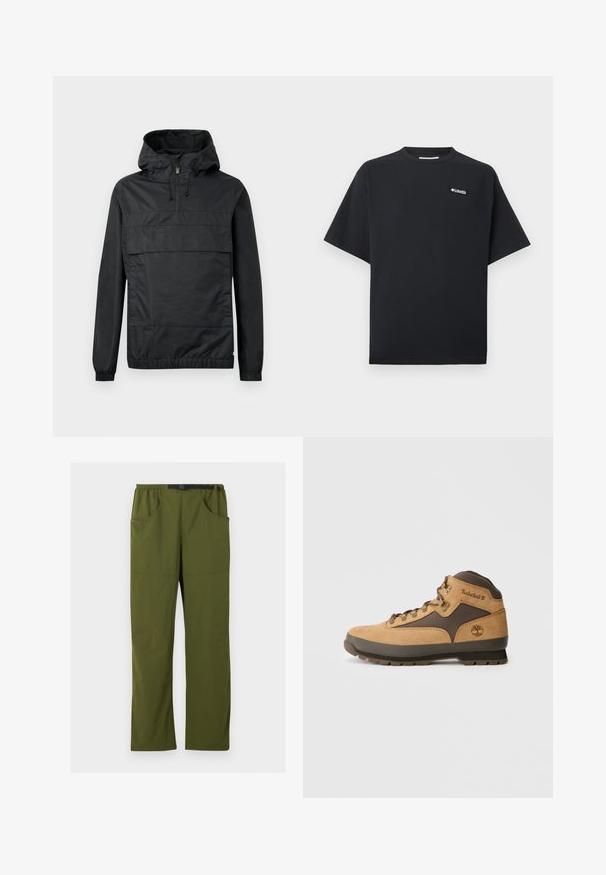 Schwarze Pulloverjacke mit Kapuze, elastischen Bündchen, einer Vordertasche und einem halben Reißverschluss. Aus leichtem, wasserabweisendem Material gefertigt.; Schwarzes T-Shirt mit kurzen Ärmeln, kleinem weißem Columbia-Logo auf der oberen linken Brust, Rundhalsausschnitt und lockerem Sitz.; Olivgrüne gerade geschnittene Hose mit elastischem Bund und schwarzem verstellbarem Schnallen-Gürtel, Vorder- und Seitentaschen, Details in der vorderen Naht.; Braune Wildleder-Wanderstiefel mit dunkelbraunen Akzenten, Metallösen und rutschfester Sohle. Timberland-Logo auf der Seite geprägt. Mid-Top-Design.