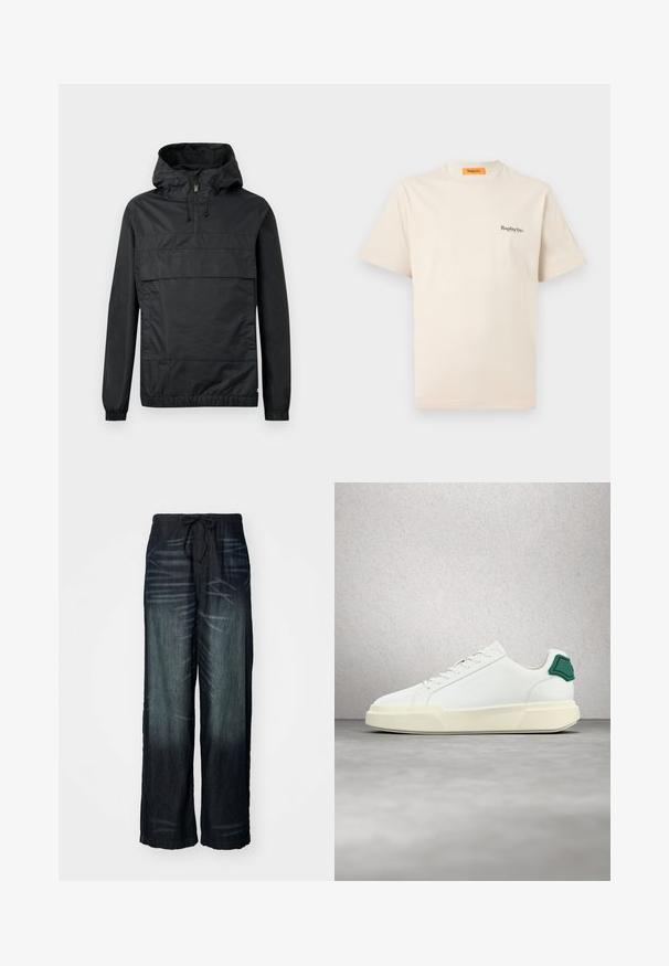 Schwarze Pulloverjacke mit Kapuze, elastischen Bündchen, einer Vordertasche und einem halben Reißverschluss. Aus leichtem, wasserabweisendem Material gefertigt.; Replay Inc. ESSENTIAL LOGO UNISEX - T-Shirt basic - ivory; Weite Jeans mit allmählichem Farbverlauf in dunklem Denim. Verfügt über einen elastischen Bund mit Kordelzug. Glatte Textur mit dezenten Abnutzungsspuren.; Weißer Sneaker mit niedriger Schaftpartie, grünem Fersenlasche, dicker, cremeweißer Sohle und eingeprägtem Markennamen, dargestellt vor einer reflektierenden Glasblockwand.
