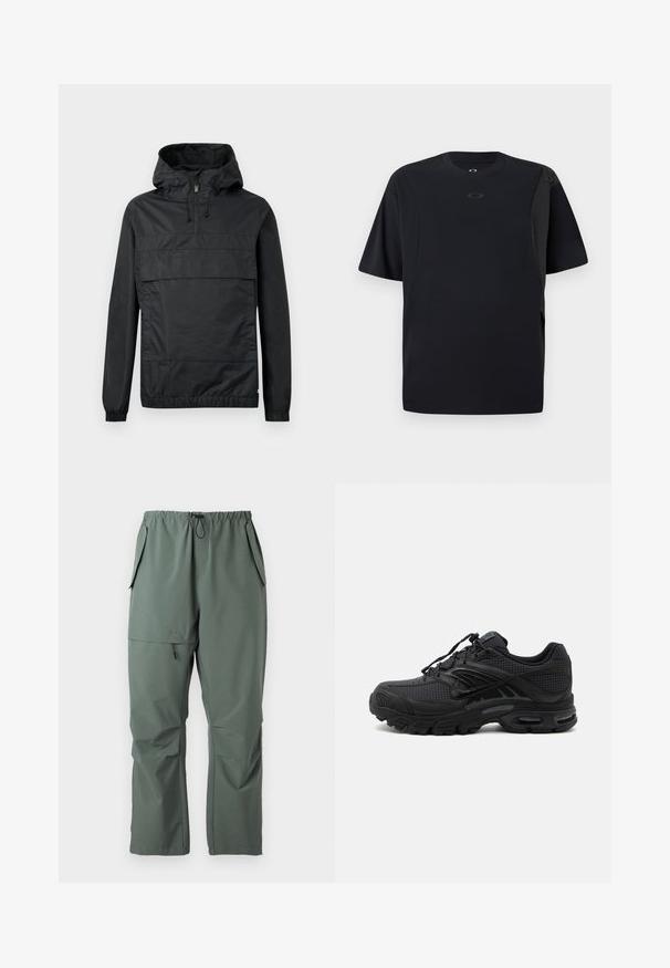 Schwarze Pulloverjacke mit Kapuze, elastischen Bündchen, einer Vordertasche und einem halben Reißverschluss. Aus leichtem, wasserabweisendem Material gefertigt.; Schwarzes Kurzarm-T-Shirt aus glattem Stoff, mit einem asymmetrischen Design und einem kleinen Logo auf der Brust.; Grüne, leichte Hosen mit elastischem Bund, Kordelzug und mehreren Taschen. Glatte Textur mit einer lässigen, lockeren Passform.; Schwarzer athletischer Sneaker mit strukturiertem Stoff, dicker gepolsterter Sohle, Luftauslässen und Schnürverschluss, von der Seite auf hellem Hintergrund gezeigt.