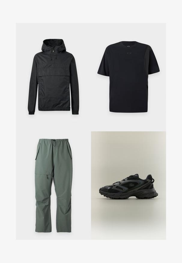 Zwart pullover jack met capuchon, elastische manchetten, een voorzak en een halve rits. Gemaakt van lichtgewicht, waterafstotend materiaal.; Zwarte korte mouwen t-shirt van gladde stof, met een asymmetrisch ontwerp en een klein logo op de borst.; Groene, lichte broeken met een elastische tailleband, trekkoord en meerdere zakken. Gladde textuur met een ontspannen, losse pasvorm.; Zwarte sportieve schoen met meshpanelen, een gestructureerde zool, veters en een gebogen silhouet met zilveren accenten aan de zijkanten.